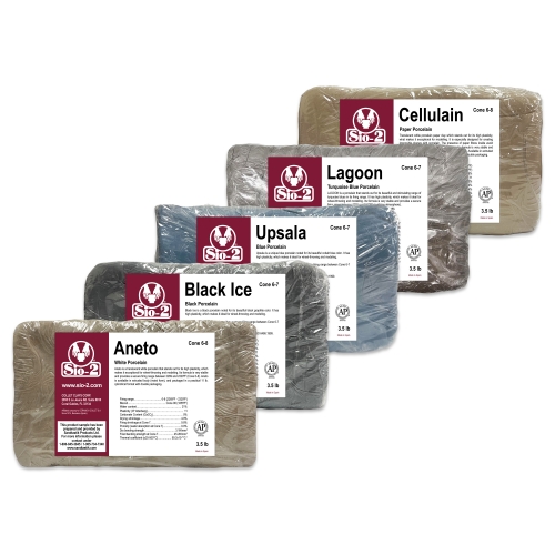 SIO-2 Porcelain Ceramic Pottery Clay Assortment, 17.5 lb - Aneto, Black Ice, Upsala, Lagoon, Cellulain